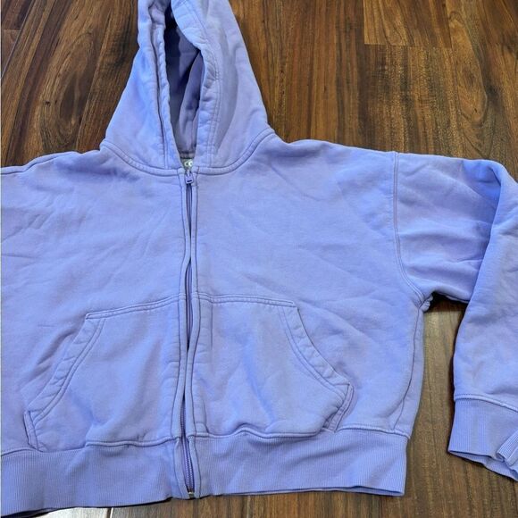 TNA Cozy Fleece Boyfriend Cropped Light Purple Zip Up Hooded Sweatshirt - Picture 2 of 5